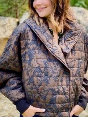 CAbi Quilted Brown and Black Patterned Shawl-Collar Puffer